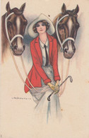 Nanni Artist Image, Woman Red Jacket White Skirt With Two Horses, C1910s/20s Vintage Series #257-4 Postcard - Nanni