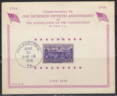 Etats Unis 1938 Carte 1er Jour Avec N° 403 Ratification Constitution.CAD Philadelpia 21 Juin 1938. - Recordatorios