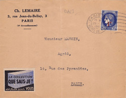 24423# LETTRE VIGNETTE LA COLLECTION QUE SAIS JE EST FAITES POUR VOUS CINDERELLA Obl PARIS 1941 ERINNOPHILIE - Covers & Documents