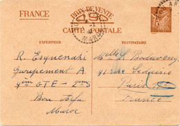Entier Postal Iris Sans Valeur Adressé Du 4° Groupement De Travaillleurs BOU ARFA Maroc Le .2.41 - WW II