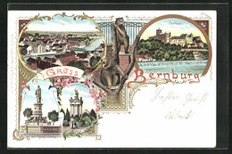 Lithographie Bernburg, Wolfgangdenkmal, Schloss, Flusspartie Mit Brücke - Bernburg (Saale)