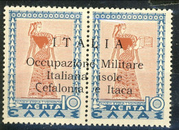 Occupazione Militare Italiana Cefalonia E Itaca 1941 Sass. N. 12 - L. 10 + 10 Azzurro E Bruno Rosso MNH Cat € 150 - Cefalonia & Itaca