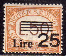 REPUBBLICA DI SAN MARINO 1943 SEGNATASSE POSTAGE DUE TASSE SOPRASTAMPATO SURCHARGED LIRE 25 SU 50 MNH - Timbres-taxe