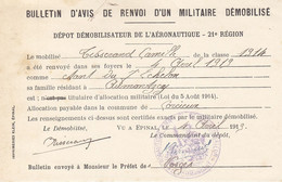 Dépôt Démobilisateur De L' Aéronautique 21é Région ,renvoi D'un Militaire à Corcieux , Vosges , 1919 - Documents