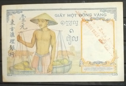 Indochina Indochine Vietnam Viet Nam 1 Piastre AU Banknote Note / Billet With Propaganda Overprint 1945 / 02 Photos RARE - Indochine