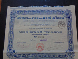 ALGERIE - MINES DE FER DE BENI-AÏCHA - ACTION DE PRIORITE DE 100 FRS - PARIS 1922 - Non Classés