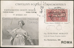 Regno - Posta Aerea - 1917 (20 Maggio) - Roma Torino (Longhi 801) - Cartolina Bianca Del Circolo Filatelico - Rarissimo - Autres & Non Classés