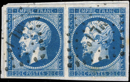 France - Paire Yv.14A 20c Bleu T.1 Obl. ML1° (ambt Marseille à Lyon) B/TB Sur Petit Fragment - (ref.03e) - 1853-1860 Napoleon III