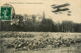 Militaria * Militaires Infanterie En Manoeuvre * Aéroplane En Reconnaissance * Biplan Avion Aviation - Manovre