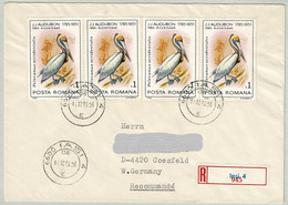 Rumänien / Romana 1985, Einschreibebrief Iasi - Coesfeld (Deutschland), Pelikan / Pelican / Pelecanus - Pélicans