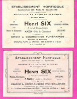 Lot 2 Cartes Commerciales Etablissement Horticole Henri SIX 2 Rue De Valenciennes à ANZIN Au Dos Facture + Timbre Fiscal - 1900 – 1949