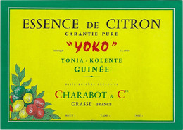 06 GRASSE ETIQUETTE PUBLICITE YOKO CHARABOT ESSENCE DE CITRON YONIA-KOLENTE GUINEE - Etichette