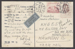 CZECHOSLOVAKIA. 1950 (18 March). Rokycany - Hawaiian Isl (23 March) / Pacific Ocean. Air Multifkd Radio Card With Arriva - Zonder Classificatie
