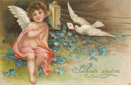 Cupid Angel Angelot Gaufrée Embossed Telephone Myosotis Colombe - Anges