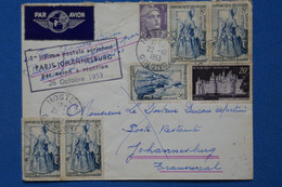 U5 FRANCE BELLE LETTRE  RARE 1953 IERE LIAISON   PARIS JOHANNESBURG TRANSVAAL+ PAIRES T.P  + AFFRANC. PLAISANT - 1927-1959 Lettres & Documents