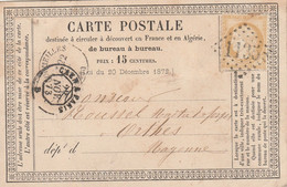 Yvert 59 Sur Carte Précurseur CORMEILLES Eure 22/11/1873 GC 1135 Pour Orthes Mayenne - Cartes Précurseurs