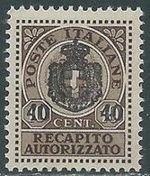 1945 LUOGOTENENZA RECAPITO AUTORIZZATO SOPRASTAMPATO 40 SU 10 CENT MNH ** RE20-9 - Servicio Privado Autorizado