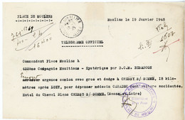 ALLIER TELEGRAMME OFFICIEL GUERRE 1945 MOULINS ORIGINE PLACE MOULINS A CIE MUNITIONS REQUISITION GRUS POUR DEPANNAGE MED - 1921-1960: Modern Tijdperk