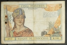 French Indochina Indo China Indochine Laos Vietnam Cambodia 5 Piastres VF Banknote Note 1932 - Pick # 53a / 2 Photos - Indochine