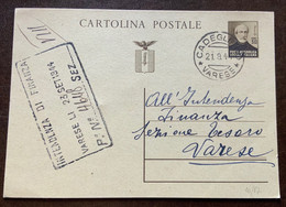 CARTOLINA POSTALE MAZZINI 30 C. Senza Aggiunta Da CADEGLIANO * VARESE * 21/9/44 PER VARESE - Entiers Postaux