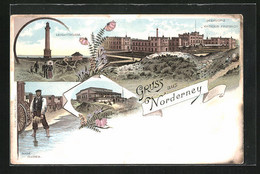 Lithographie Norderney, Gasthaus Wilhelmshöhe, SeehospizKaiserin Friedrich, Leuchtturm - Norderney