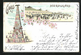 Lithographie Norderney, Strand Mit Körben, Kaiser Denkmal - Norderney