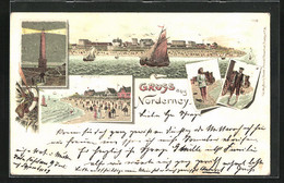 Lithographie Norderney, Westrand Mit Passanten Im Sommer, Leuchtturm Am Abend, Strandansicht Mit Segelbooten - Norderney