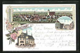 Lithographie Neustadt A. Orla, Marktplatz Mit Kriegerdenkmal, Rathaus, Gesamtansicht - Neustadt / Orla