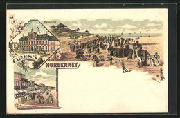 Lithographie Norderney, Friedrichstrasse, Marienhöhe Mit Strandkörben, Postamt - Norderney