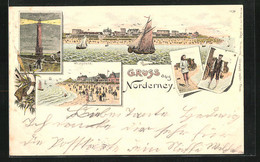 Lithographie Norderney, Leuchtthurm In Betrieb, Weststrand, Panorama - Norderney