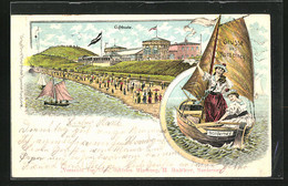 Lithographie Norderney, Gasthaus Giftbude Am Strand, Schönheiten Im Segelboot - Norderney