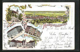 Lithographie Hildburghausen, Maschinenbau- Und Elektrotechniker-Schule, Stadtkirche, Marktplatz Mit Rathaus - Hildburghausen
