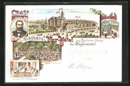 Lithographie Wolfenbüttel, Hotel Kurhaus, Gartenterrasse Mit Sitzplätze Für 12000 Personen - Wolfenbuettel