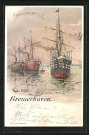 Lithographie Bremerhaven, Hafen Am Morgen Mit Dampfer, Halt Gegen Das Licht: Licht In Den Kabinen Geht An - Bremerhaven