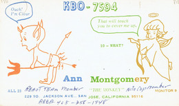 Angel & Devil (ange Et Démon) On Old QSL From Ann Montgomery, So. Jackson Ave., San Jose, Calif. (KBO 7594) Aug 1968 - CB