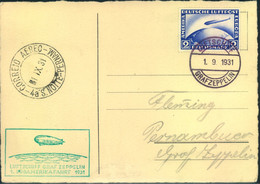 1931, 1. Südamerikafahrt,, Karte Mit Grünem SBS Und 2 RM Zeppelin, Bordpost Bis Pernambuco - Sieger 124Bb - Lettere