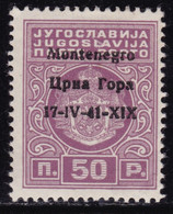 Montenegro - 322 ** 1940 – Segnatasse 50 P. Violetto Lilla N.1a. Cert. Julij ( 1968 ), Todisco. Cat. € 600,00. SPL - Montenegro