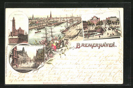 Lithographie Bremerhaven, Geesterbrücke, Bürgermeister Smidtstr., Hafen Mit Dampfer Und Ortsansicht - Bremerhaven