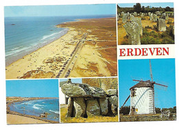 CP MULTIVUES ERDEVEN, VUE GENERALE DE LA PLAGE DE KERHILIO, MENHIRS DE KERZERHO, DOLMEN DE CRUCUNO, LE MOULIN, MORBIHAN - Erdeven