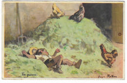 CPSM ILLUSTRATION DE GEORGES REDON, " LA PAUSE ", ENFANT ALLONGE SUR HERBE COUPEE/FOIN, POULES - Redon