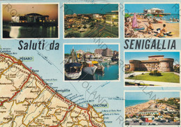 CARTOLINA  SALUTI DA SENIGALIA,ANCONA,MARCHE,PANORAMA,MARE,SPIAGGIA SOLE,VACANZA ESTATE,BARCHE A VELA,VIAGGIATA 1983 - Ancona