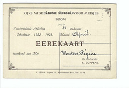 Boom  EEREKAART RIJKSMIDDELBARE SCHOOL VOOR MEISJES 1922-1923 - Boom