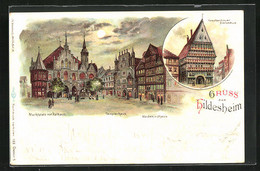 Lithographie Hildesheim, Marktplatz Mit Rathaus, Templerhaus - Hildesheim