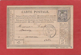 France - Carte Précurseur - Aude - Lezigan - 1877 (Correspondance De Conilhac) - Type Sage 15C - Vorläufer