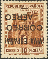 *80hi. 1937. 10 Pts Castaño. Variedad SOBRECARGA INVERTIDA. MAGNIFICA. Edifil 2017: 100 Euros - Other & Unclassified