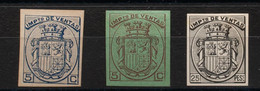 (*). 1874. 5 Cts Azul, 5 Cts Castaño Sobre Verde Y 25 Pts Negro IMPUESTO DE VENTAS. ENSAYOS DE PLANCHA (sin Dentar). MAG - Andere & Zonder Classificatie