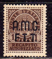 TRIESTE A 1947 AMG-FTT SOPRASTAMPATO D'ITALIA ITALY OVERPRINTED RECAPITO AUTORIZZATO LIRE 1 LIRA MNH BEN CENTRATO - Revenue Stamps