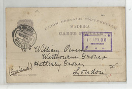 Marcophilie Portugal Cachet Funchal Madeira 1898 Pour London England Centenario Da India - Storia Postale