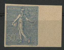 ESSAI Du N° 161 Type Semeuse Lignée, 50 Ct Bleu Sur Papier Crème. Avec Bord De Feuille. TB - Color Proofs 1900-1944