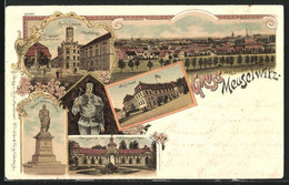 Lithographie Meuselwitz, Rathaus Mit Stadthaus Und Kriegerdenkmal, Schloss, Orangerie Im Schlossgarten - Meuselwitz
